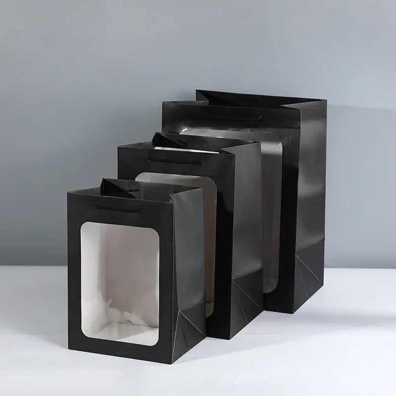 Hot Foil Luxury Custom Design With Transparent Shopping Gift Packaging Black Matte Lamination Paper Bag