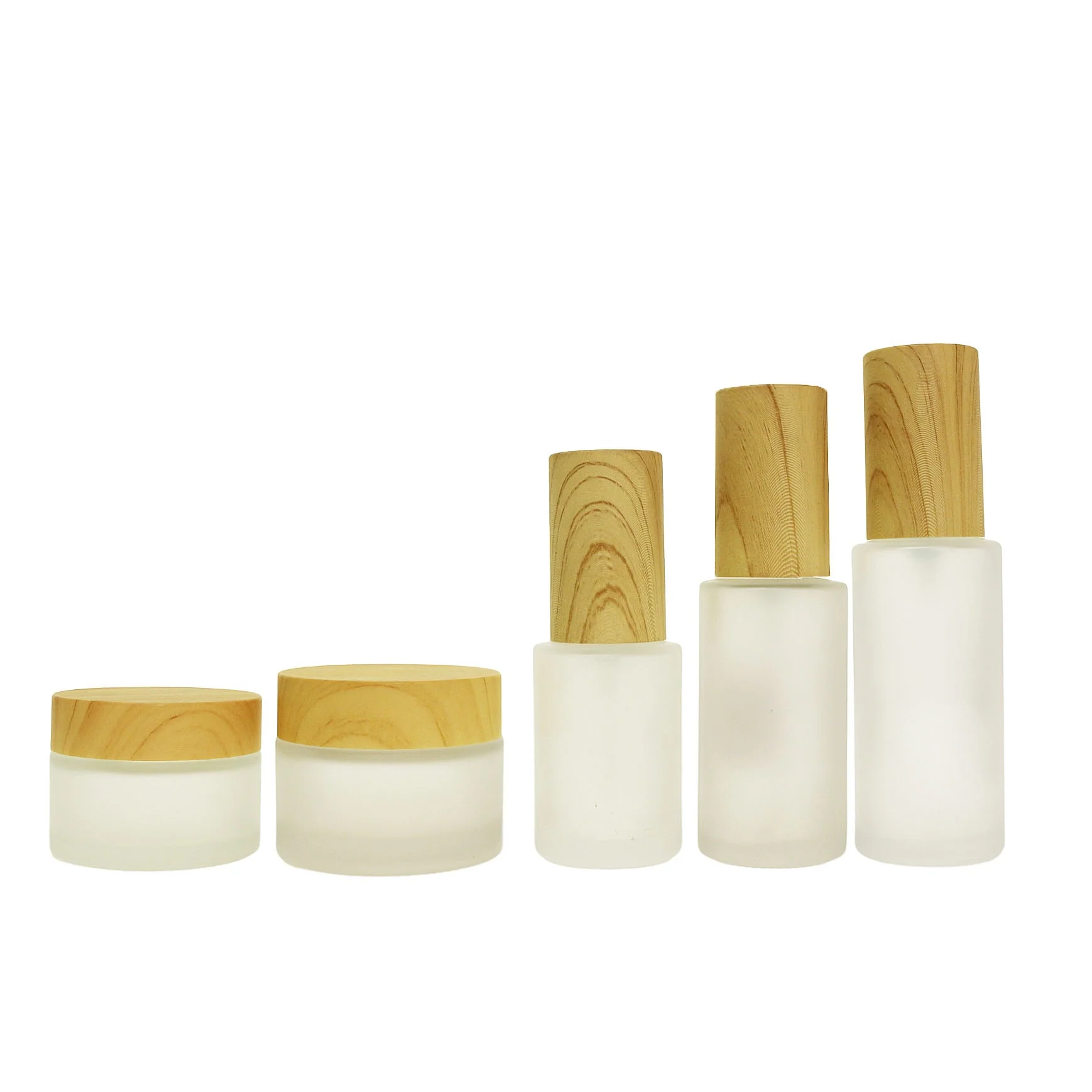 Skincare cosmetic frosted glass bottle with pump lotion cream jar with plastic bamboo lid LS-10Q