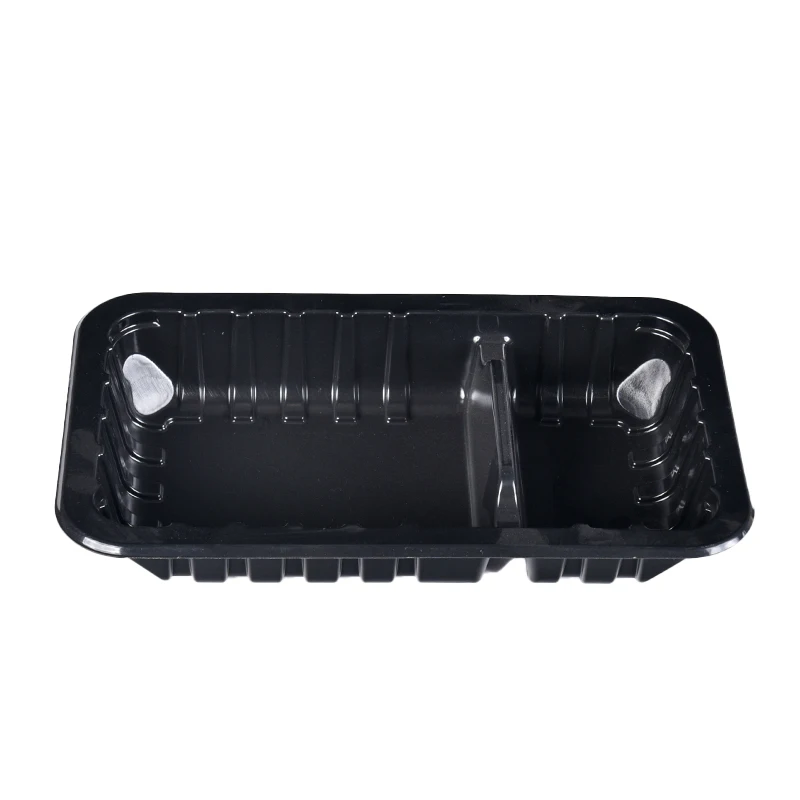 Lesui eco friendly 2 compartment black MAP food sealing tray vacuum fresh meat food packaging trays with high barrier lidding fi