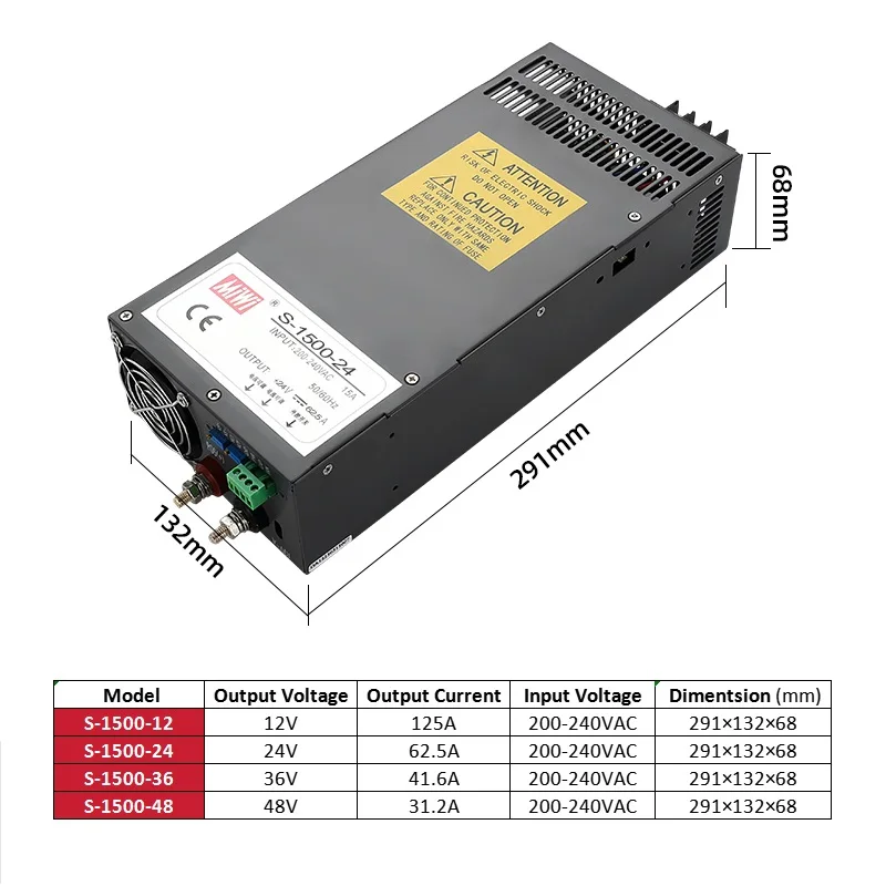 MIWI S-1500-24 High quality low price 200VAC-240VAC input 24vdc 62.5a  power supply 1500W LED switching Power Supply 24v