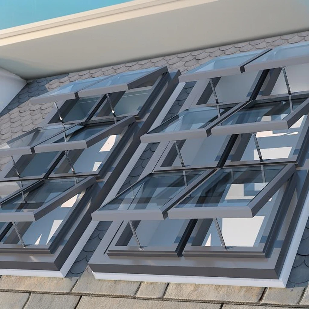 Modern 50X70 ft Electric Smart Opening Warehouse Skylight Louver 70 Degree Top Hung Angle Automatic Lighting Ventilation Roof
