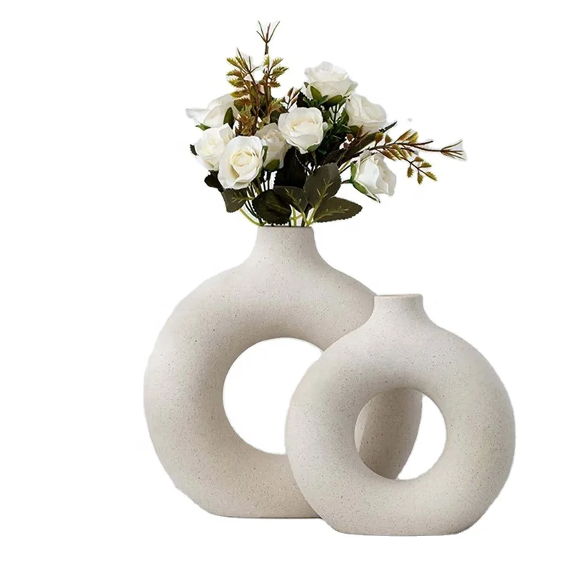 Beige White Ceramic Vase Set 2 for Modern Home Decor Boho Round Matte Vase for Farmhouse Wedding Party Living Room Office Decor