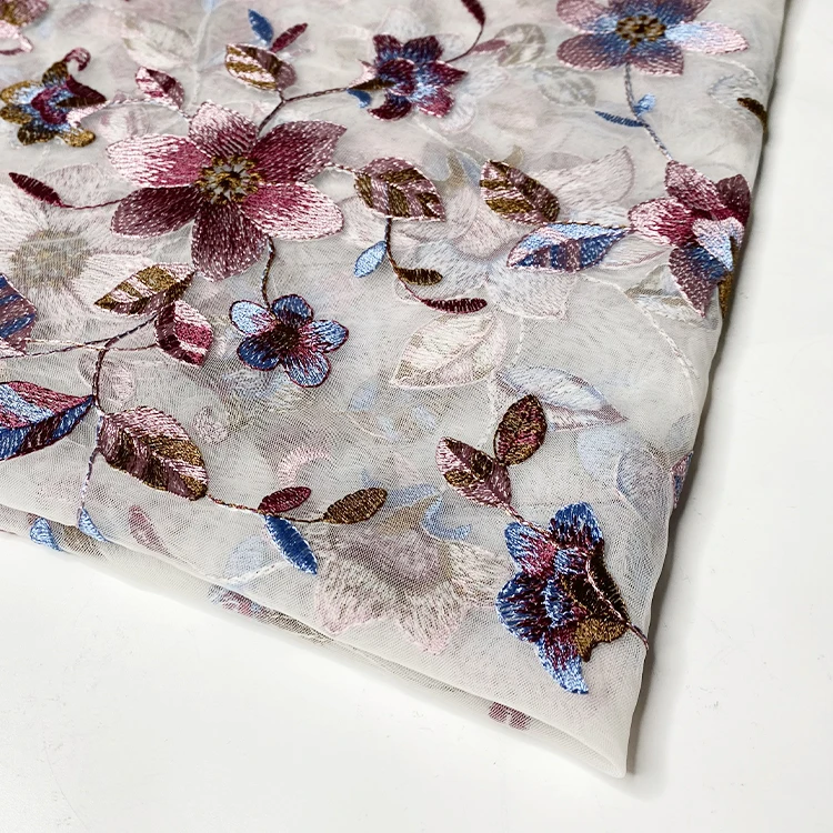 Harvest boho nylon polyester pink and navy floral design embroidered fabric 190-200 gsm for dress