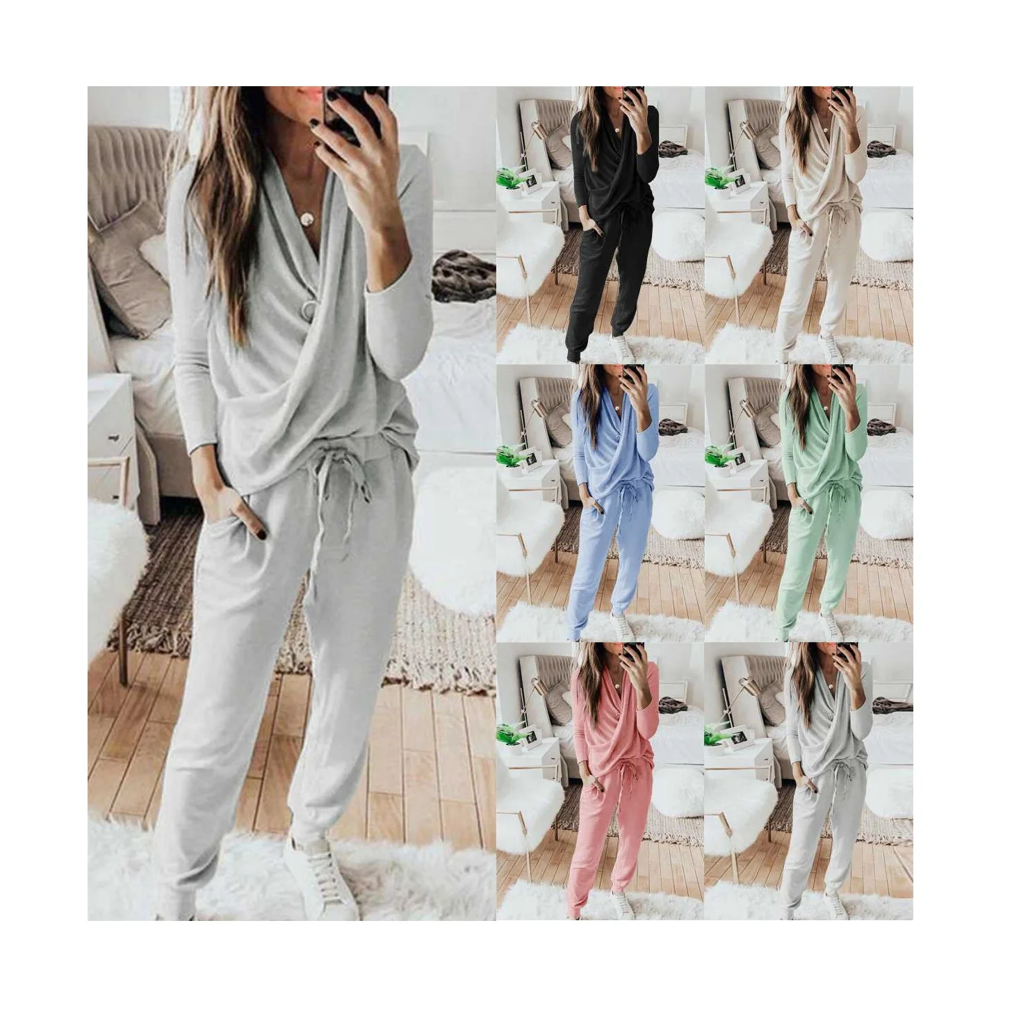 NR012 Женская Весенняя однотонная пижама с длинным рукавом и запахом спереди, повседневный комплект одежды для отдыха