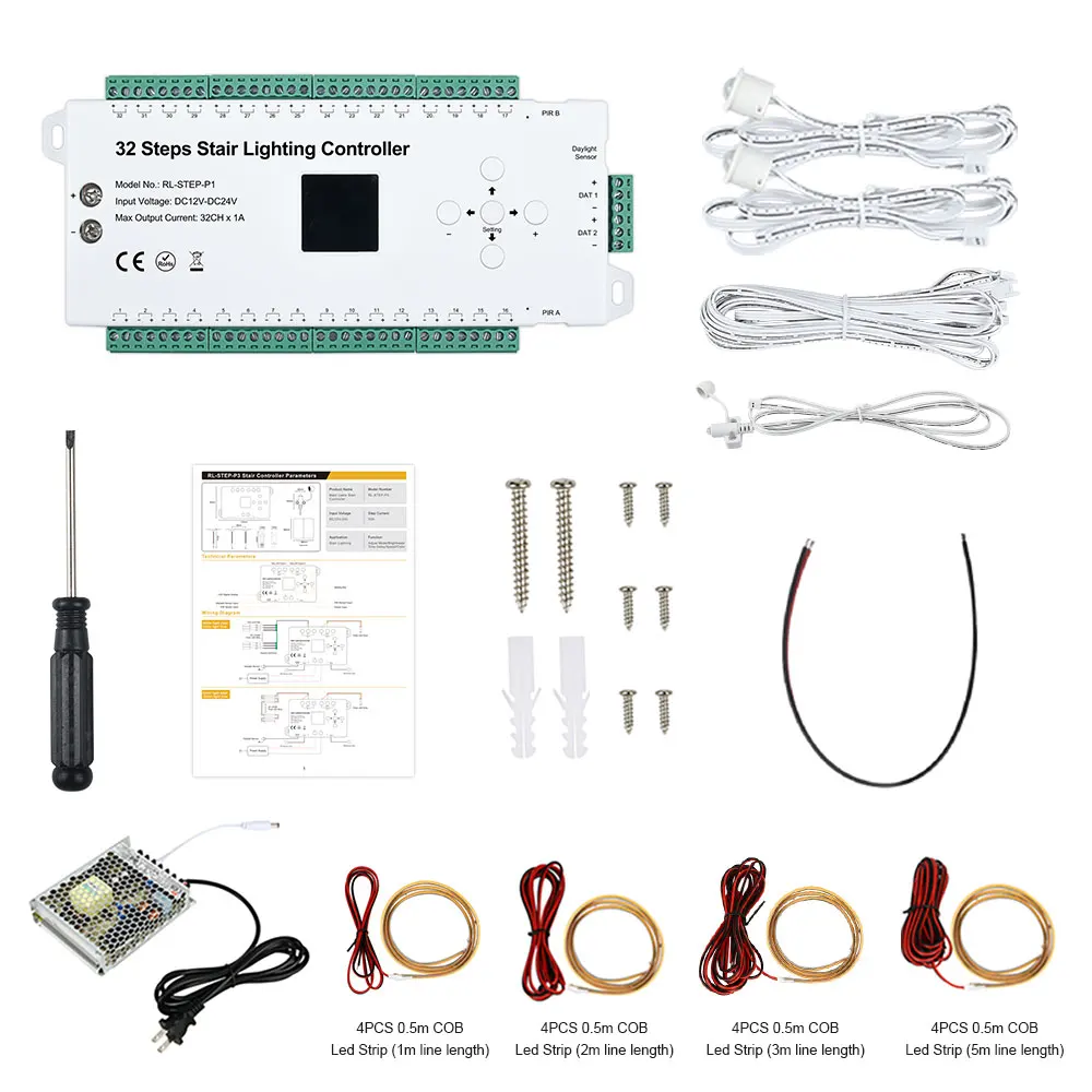 STEP-P1 32 Steps Stair Lighting Controller Set with Power Supply Led Strips Motion Sensor PIR LED Stairway Lighting Controller