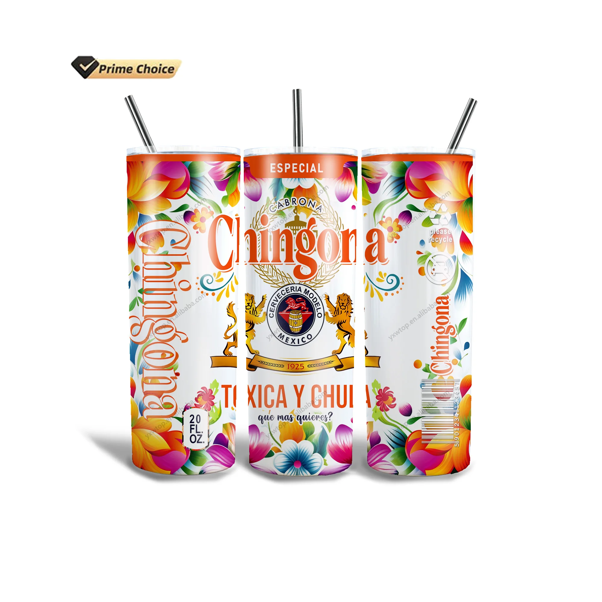 Custom Design Chingona Toxica Y Chula 20oz Insulated Stainless Steel Skinny Tumbler Travel Mug with Spill Proof Rubber Gasket