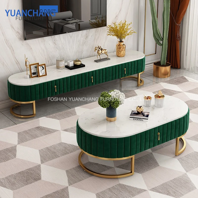YuanChang luxury gold living room furniture customized tv stand cabinet glass oval shaped tv stand and coffee table set