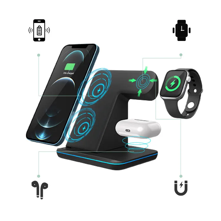 
Trending products 2021 new arrivals 4 in 1 wireless charger station dock 15w with blue-tooth speaker 