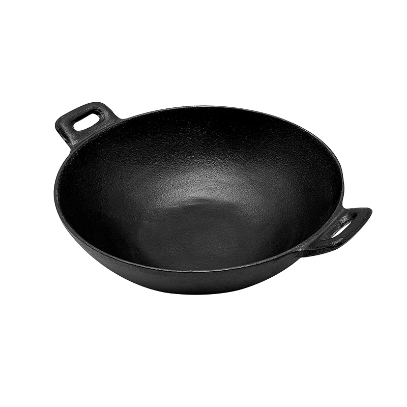 Chinese Traditional Cast Iron Wok Cast Iron Non Stick Coating Frying Wok Pan With Double Handle