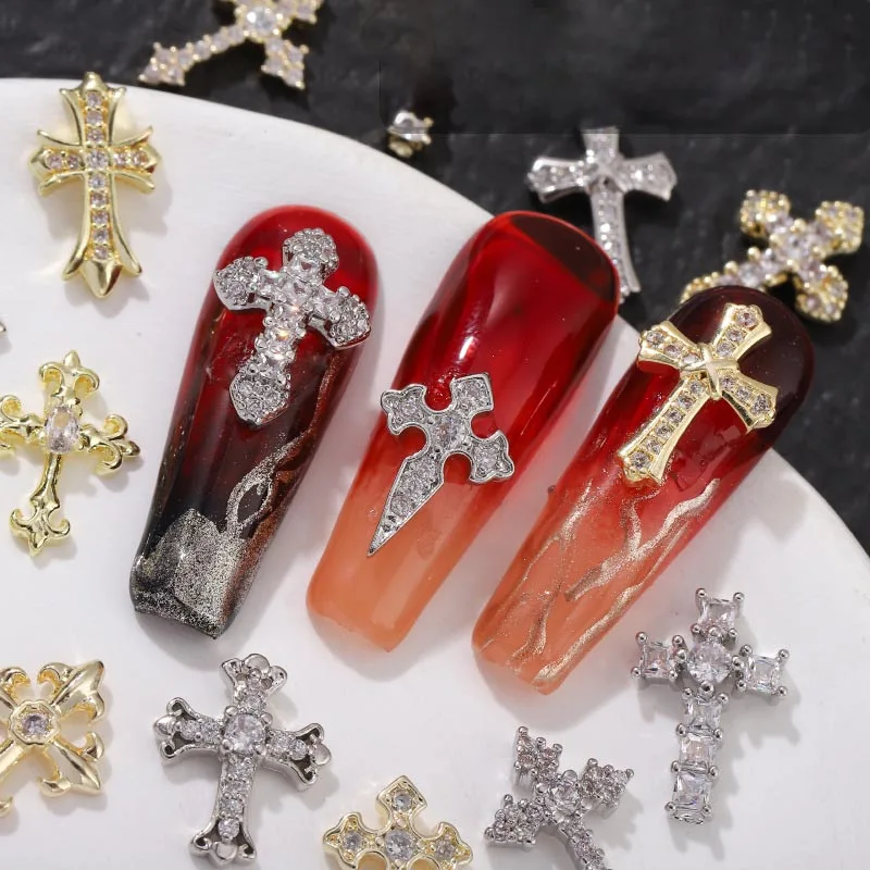 Retro Cross Nail Charm Alloy Rhinestones Cross Charms Punk Gothic Nail Art Supplies for Acrylic Nail Decoration