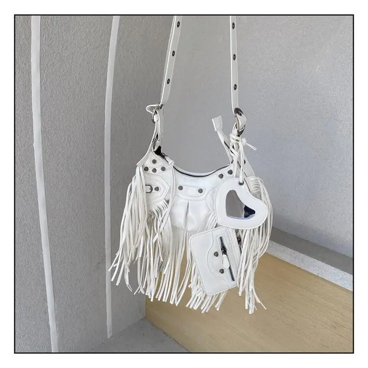 hot sale Fashion studded rivet biker sling bags designer luxury black fringe PU leather purse handbag women