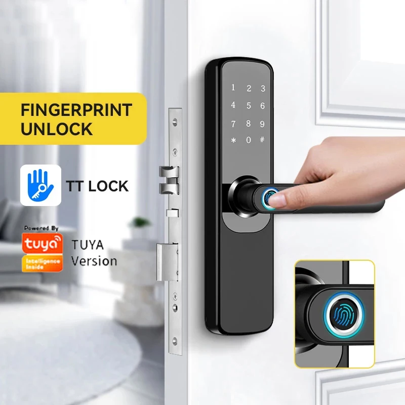WIFI APP Fingerprint Door Lock with Code Card Key Touch Screen Smart Handle Lock Security Digital Electronic Wooden Door Lock