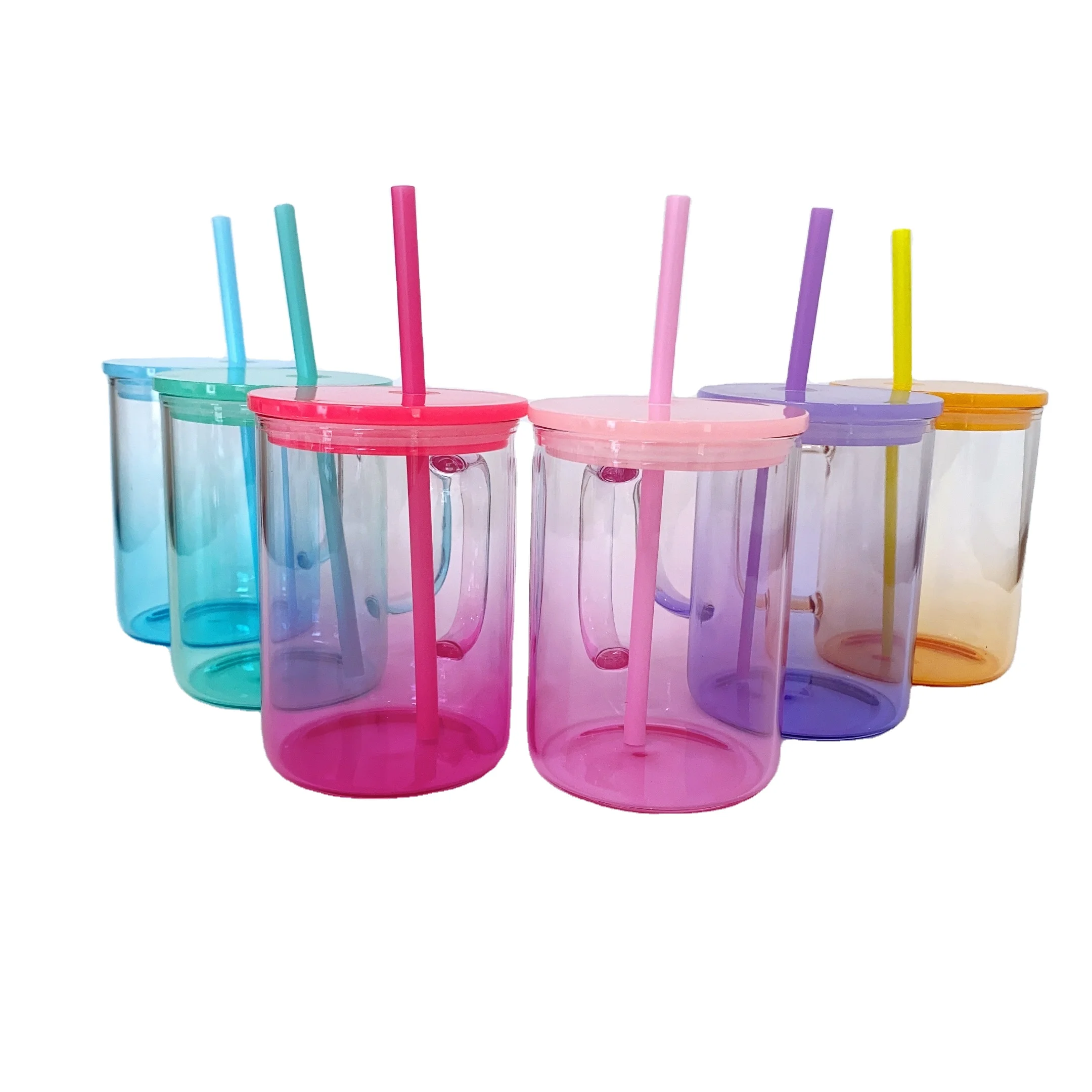 US warehouse New arrival 15oz 17oz blank sublimation clear ombre jelly glass mug with Colorful Plastic Lid and Straw Elegant