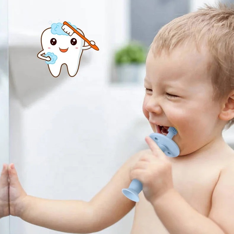 Wholesale New Design 360 Degree Cleaning Manual Food Grade Silicone Teether Toothbrush With Suction