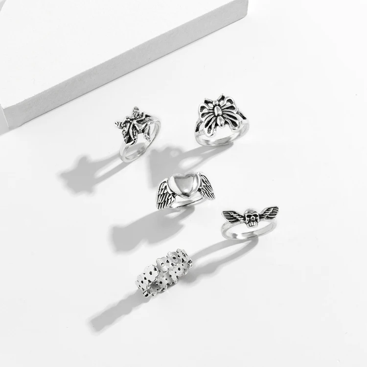2021 new bee geometric ring retro silver flower heart-shaped wings ring set female