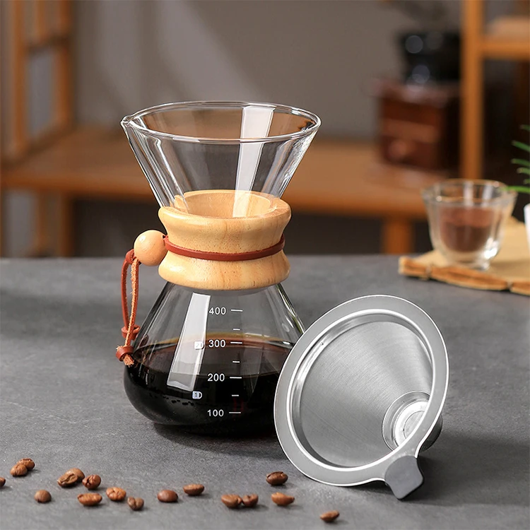 Hot sale Glass Coffee Filter Pot Maker Wooden Handle Protective Cover Pour Over Coffee Pot with Stainless Steel Coffee Drip