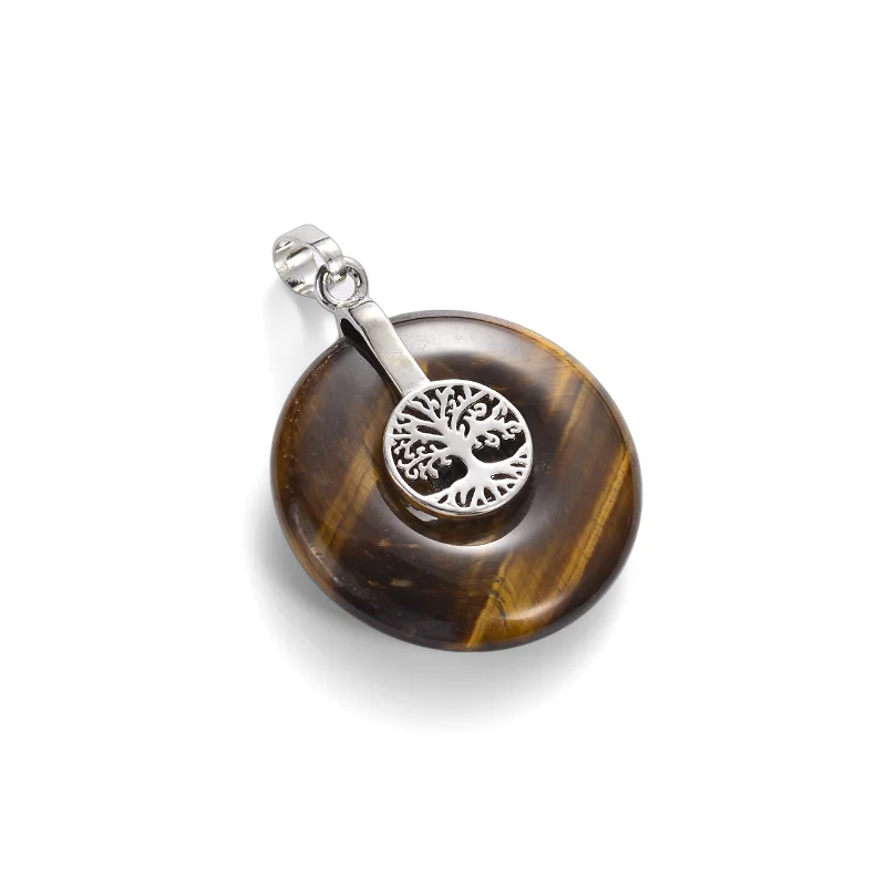 Natural Stone Tiger Eye Donut With Lotus Tree Of life Star Brass Pendant Bail For Necklace Jewelry Making