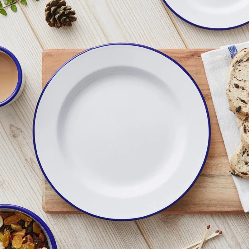 Wholesale Vintage Cast Iron Enamel Dish Solid White Enamel Dinner Plate Dish With Black/Blue/Red Rim