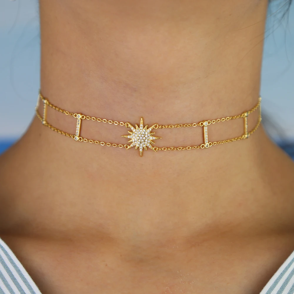 promotion double cz station line necklace starburst charm elegant necklace for women