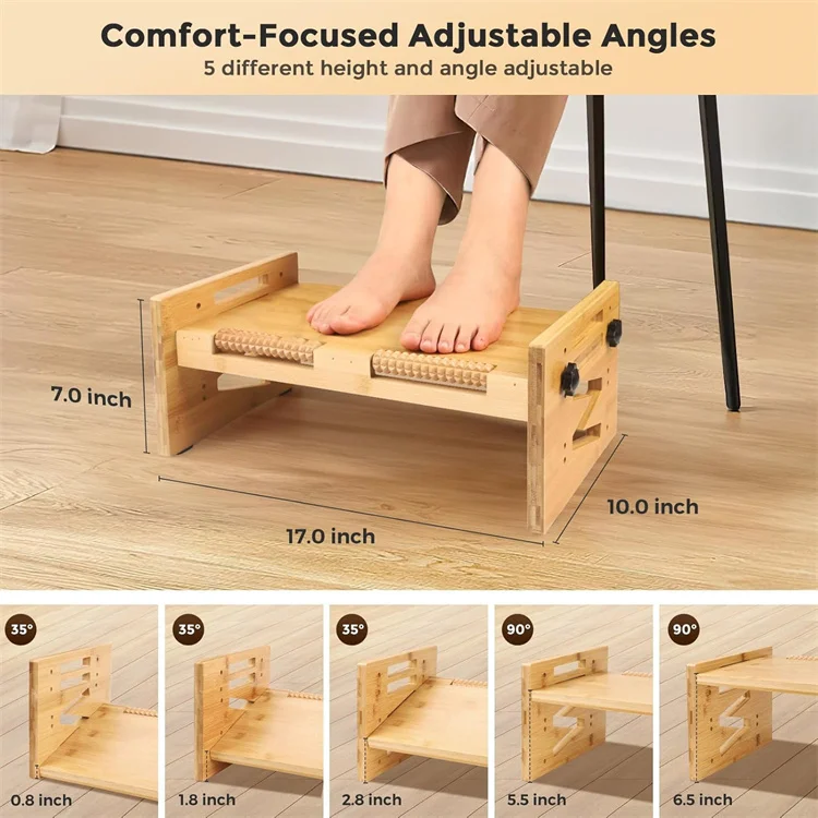 Ergonomic bamboo Office Foot Rest with 5 Adjustable Height Position