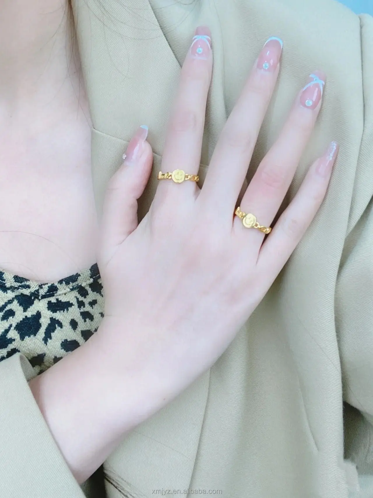 Certified In Stock Wholesale 5D Cyanide-Free Ring Multi-Ring Mouth Can Choose 999 Pure Gold Smiley Ring Fashion Versatile