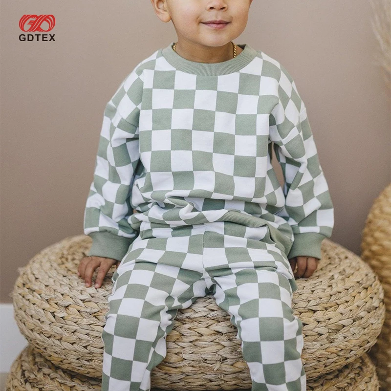 GDTEX Custom Negotiable Price Custom Plaid Chessboard Toddler Baby Tracksuit Sweatshirt and Pants Kid Jogger Set