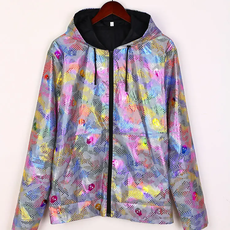 China Factory Custom Full Zip up Hood Coat Wholesale Cheap Blank Mens Rainbow Reflective Jacket