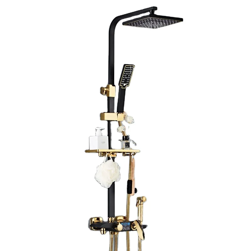 Copper constant temperature digital display shower automatic temperature control black smart shower