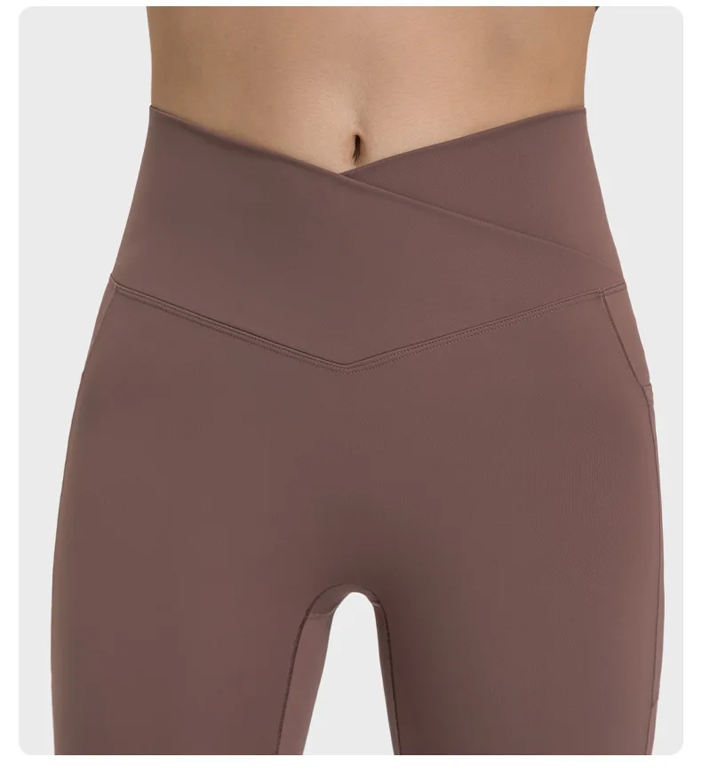 Popular High Waist V Cut Spandex Leggings Camel Toe Women Push Up Booty Brown Nude Leggings With Pocket V Front Yoga Pants