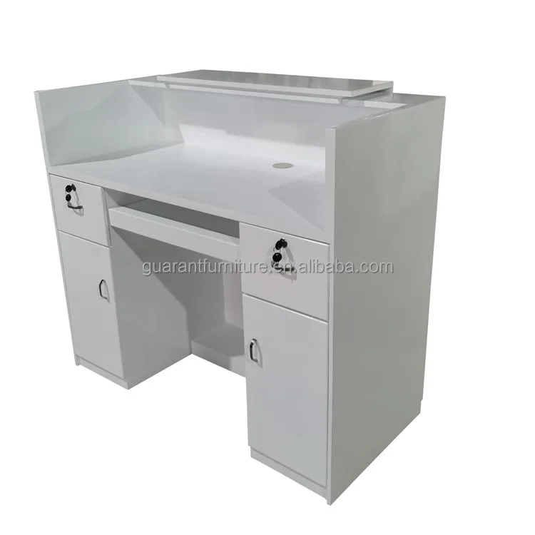 pink curved wooden salon reception desk L shaped reception desk