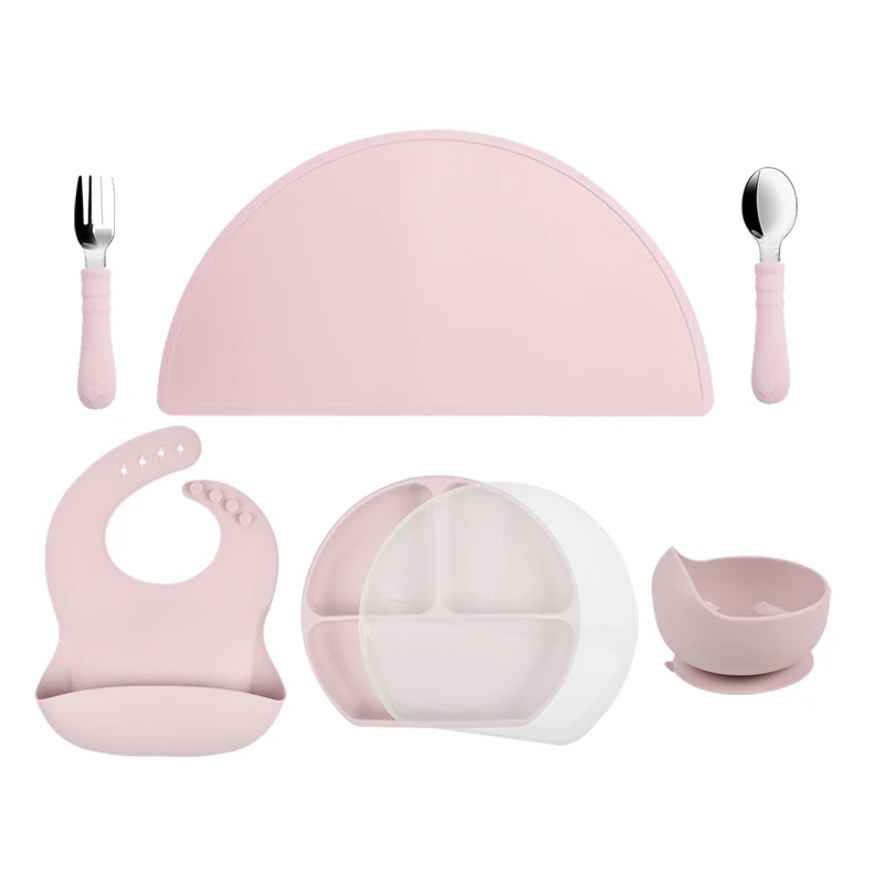7 Pieces Baby Feeding Set Bowl Set 100% Food Grade Silicone and SUS 304 Wholesale Custom Baby Supplies Silicone Baby Feeding Set