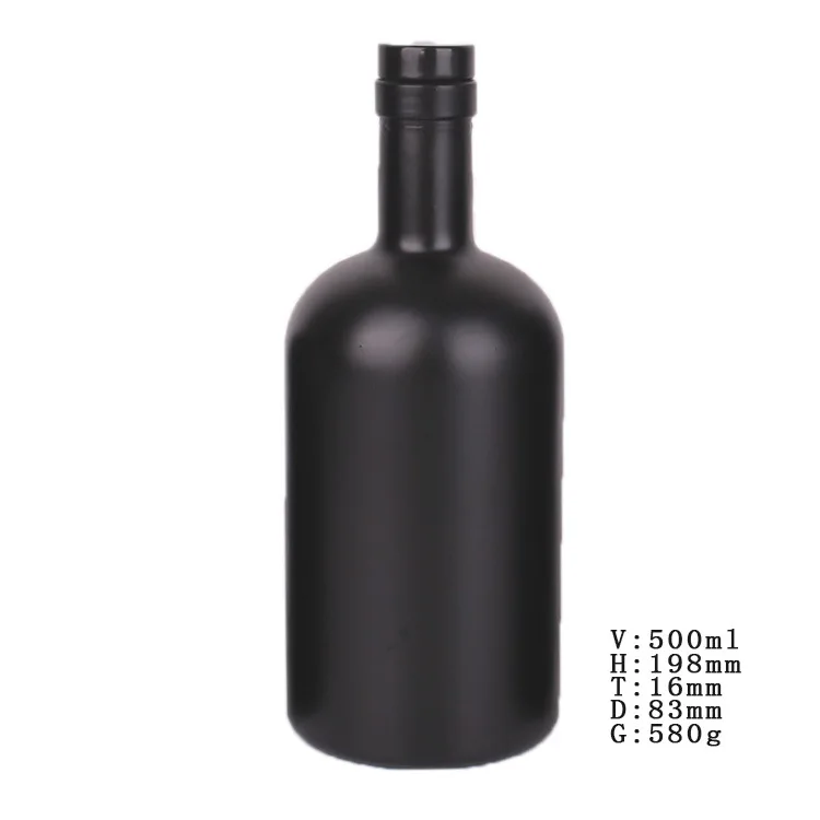Customized empty spray black 750ml glass vodka wine bottle with cork top lid