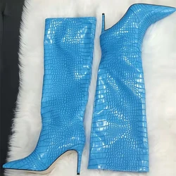 Pointy Toe Great Quality Leather Boots Fresh Green Slip-on Crocodile Print Knee High Boots for Women High Heel Size 43
