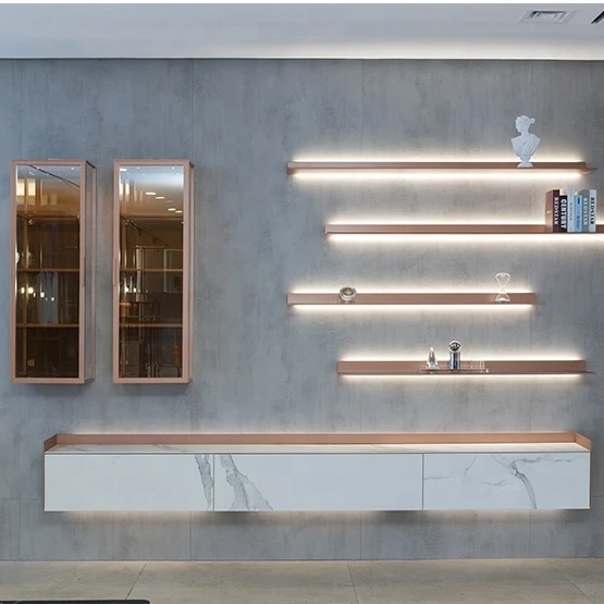 2022 Luxury Modern White TV Stands with aluminium shelves and drawers home furniture in living room