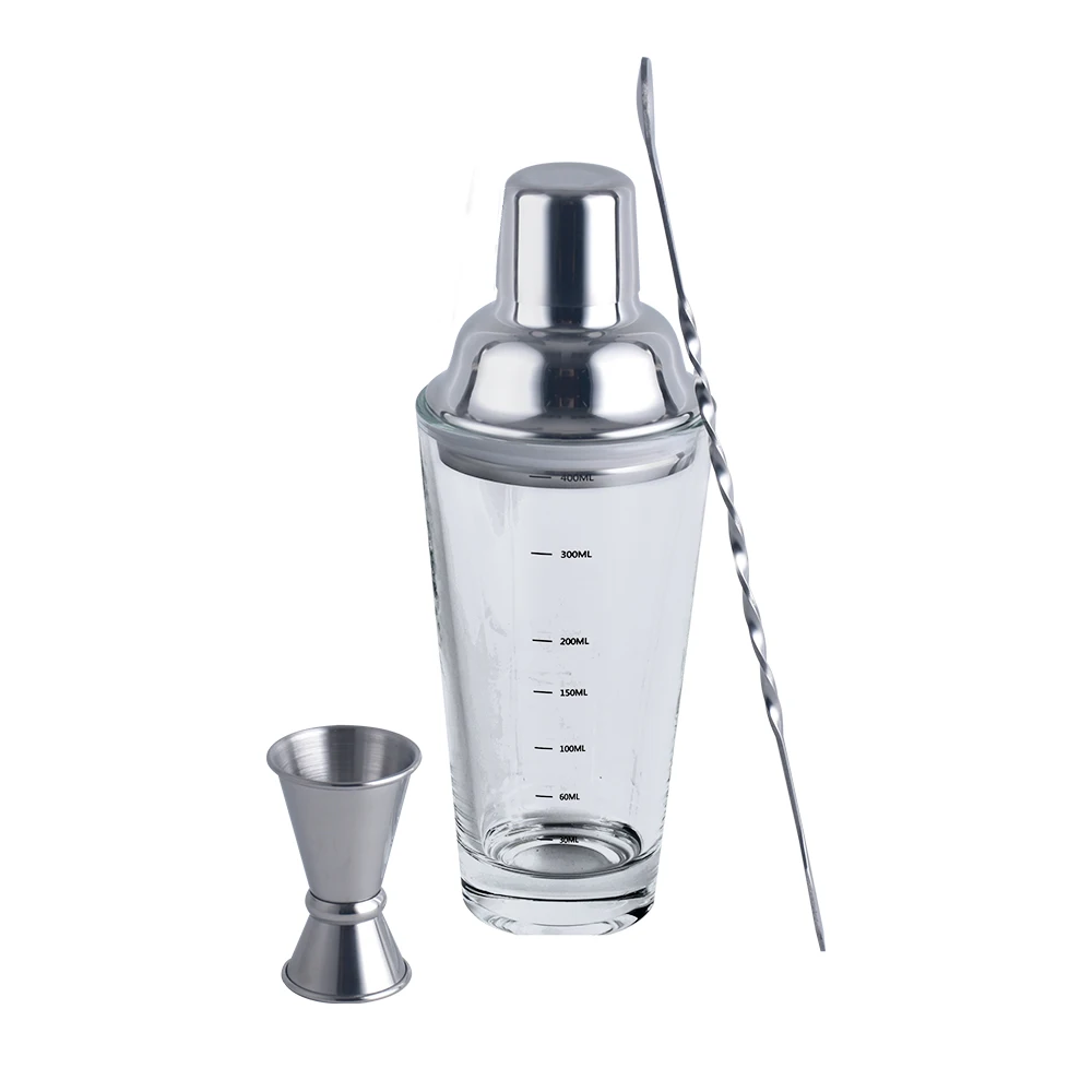 Chunda Customized New Product 3pcs Cocktail Glass Stainless Steel Cocktail Shaker Bar Set with Capacity Mark