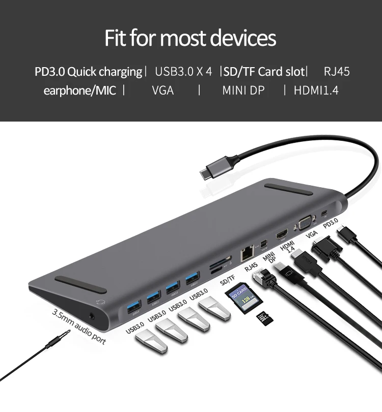 12 In 1 Laptop Stand Hub USB-C To RJ45 1000M Network 4k HD VGA Card Sim Reader Adapter Usb Type C Docking Station