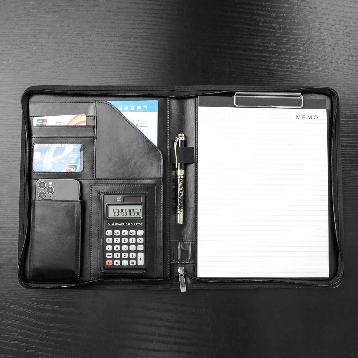 Metal Clipboard Phone Pouch File Folder PU Leather Portfolio Professional Interview Pad folio with Calculator and Memo