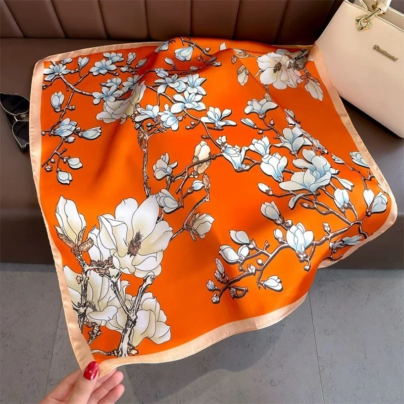 2024 new design women 70*70cm floral silk square scarves for ladies flower square small printing handkerchief