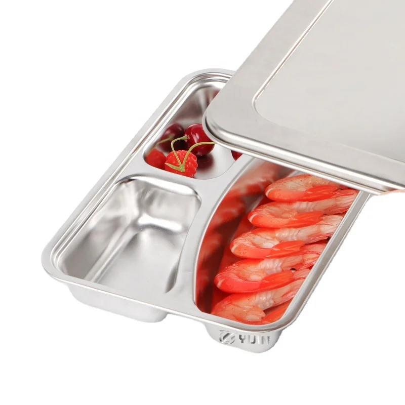 School canteen home 3 compartment food container bento divided plate stainless steel food tray for kid