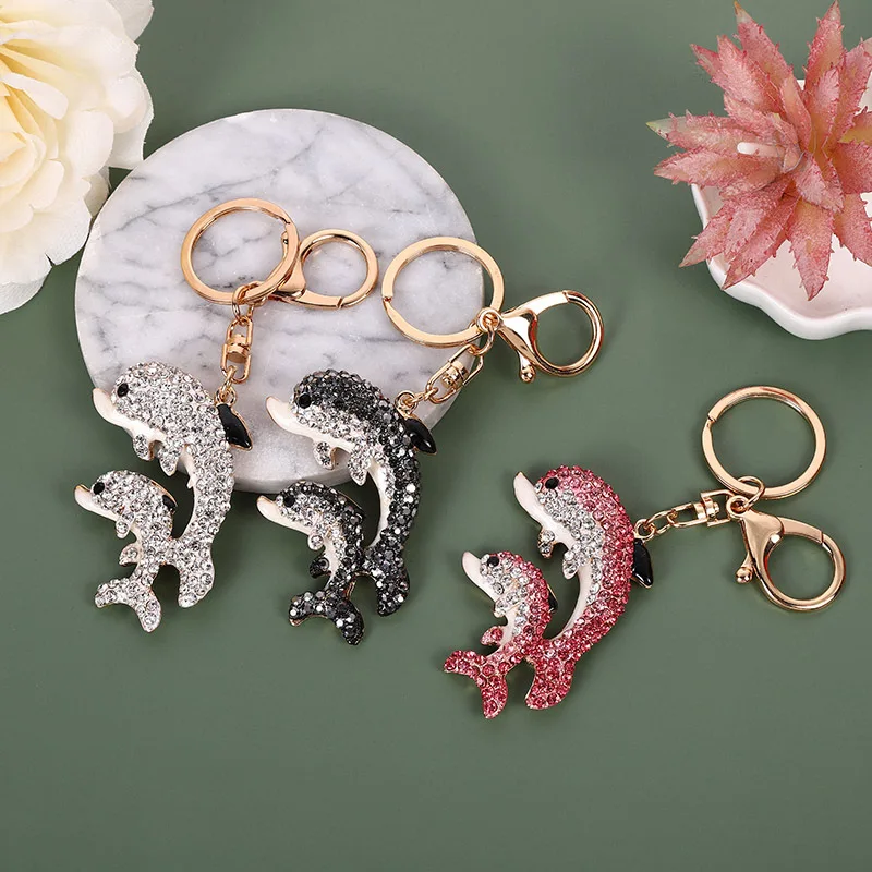 Sparkling dolphin Crystal Rhinestone Keychain Bling kids Metal key chain bag Charm Pendant dolphin keyring Cute Dolphin Keychain