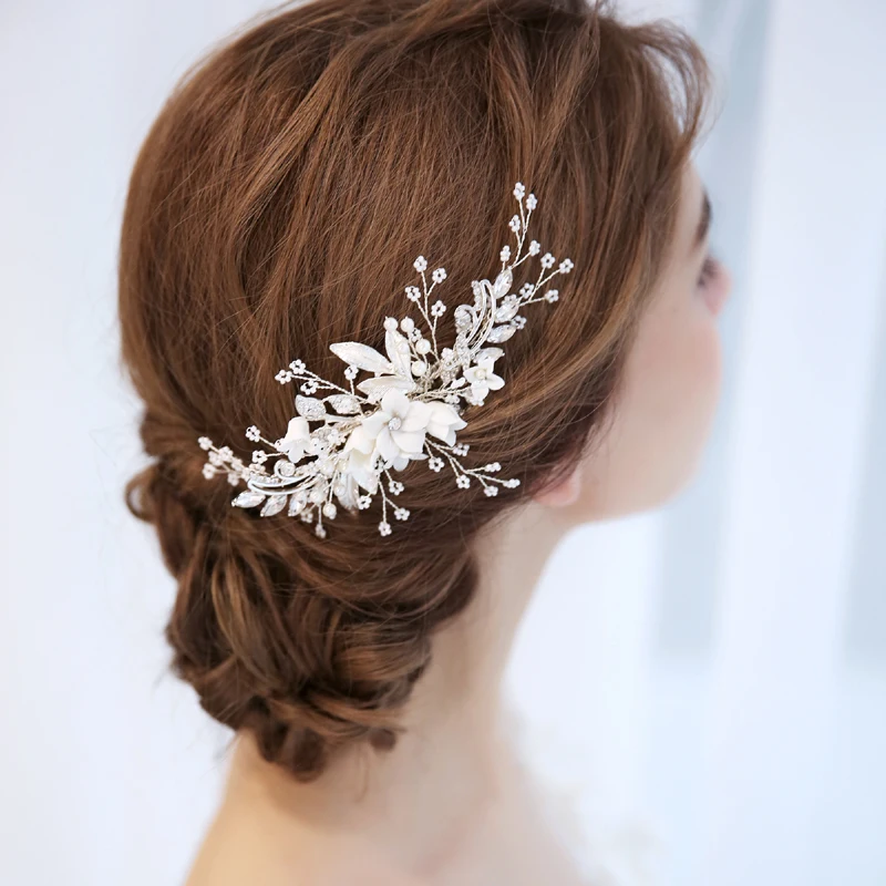 SLBRIDAL ручной работы со стразами с украшением в виде кристаллов керамический цветочный сплав листьев свадебный гребень волос головные уборы аксессуары для женщин ювелирные