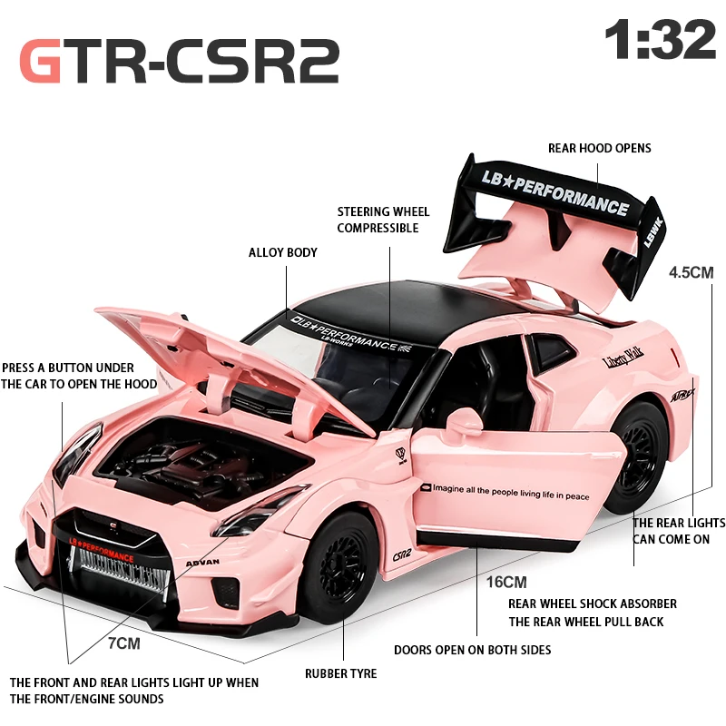 Diecast 1/32 Nisson GTR Alloy car model sound and light pullback doors open GTR metal model car display collection toy
