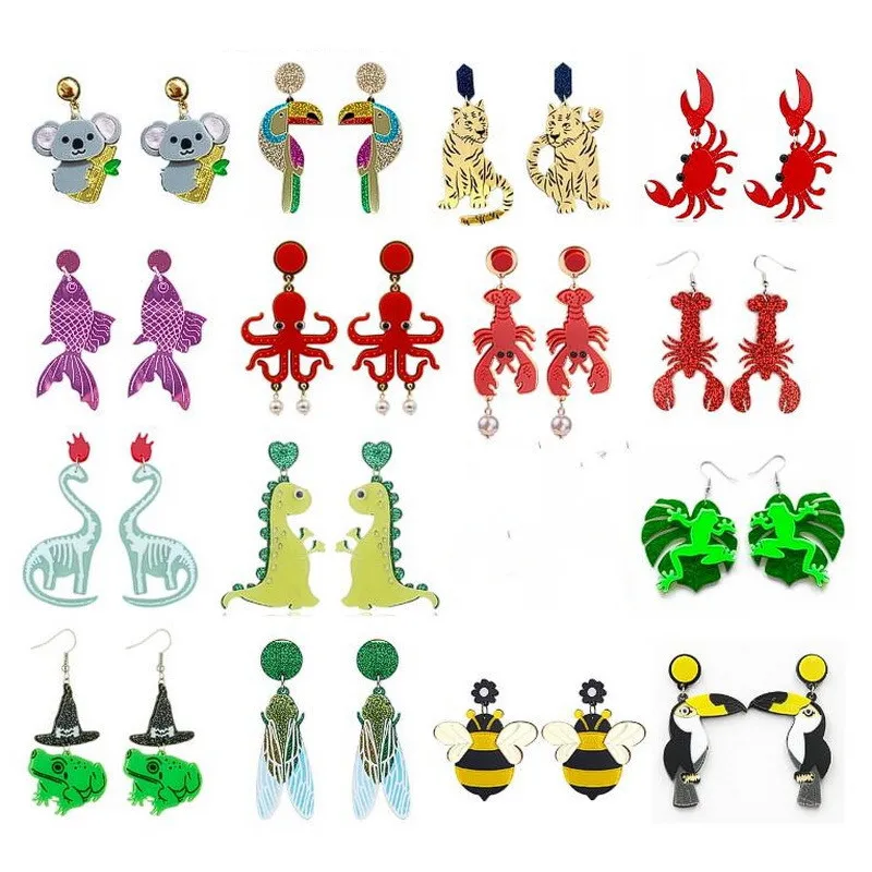 Y2K Acrylic Lobster Crab Octopus Shark Frog Bee Parrot Koala Dangle Earrings Various Animal Designs Sequined Funny Cute Earring