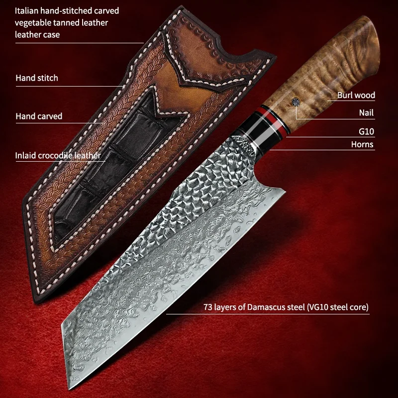 Hot Sell 8in Burl Stabilized Handle VG10 Damascus Stainless Steel Blade Leather Sheath Japanese Kitchen Santoku Knife