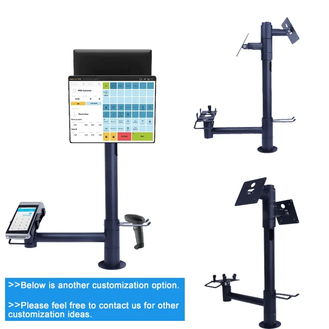 Custom double screen pos pole mount with keyboard tray rotate 360 vesa stand for pos & commercial display system
