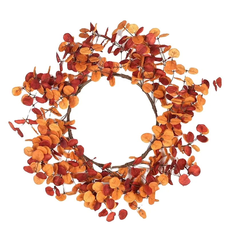 Orange Red Color Eucalyptus Leaf Wreath 28cm Dia Door Wall Decoration Factory Price Artificial Plant Flower Ins Eucalypt