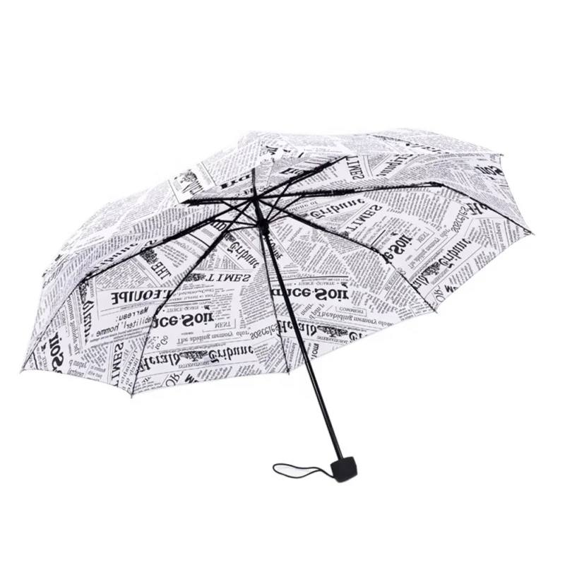 Cheap Price Fashion Customized Gift Newspaper Print 3 Folding Auto Opening Umbrella with PU Leather Handle