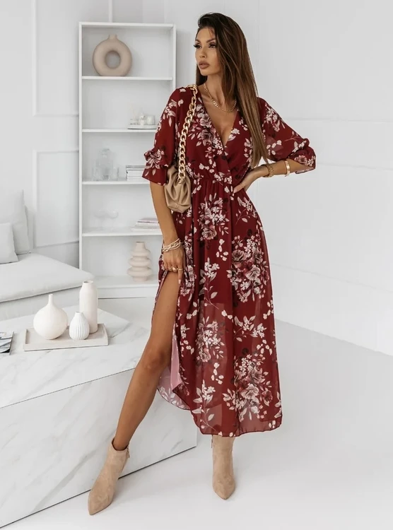 Women Summer Beach Dress European and American Beauty Fashion V-neck Slim Side Slit Chiffon Print A-line Long Casual Dress