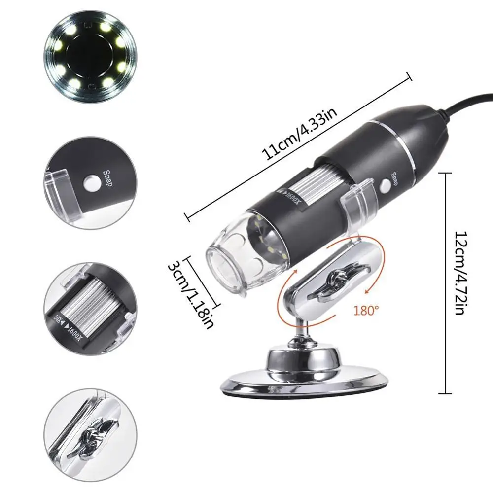 3 in 1 1600X Digital USB  Microscope Magnifier Camera 8 LED with Metal Stand Type-C/Micro For Android phone Digital Microscope