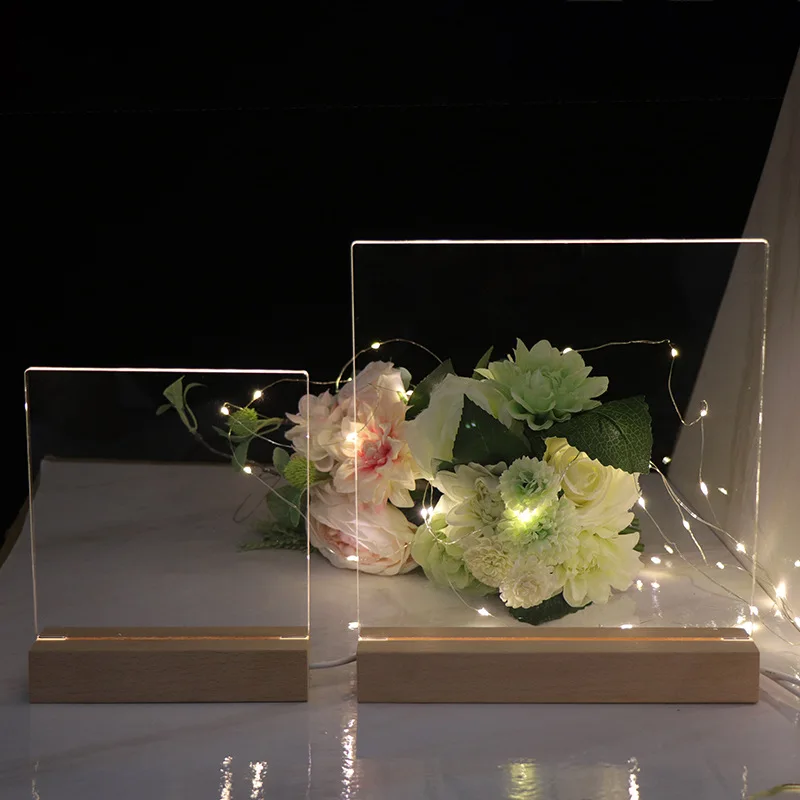Wholesale Acrylic Night Light Message Writing Board With Rectangle Wood Base USB Led Night Light For Decoration